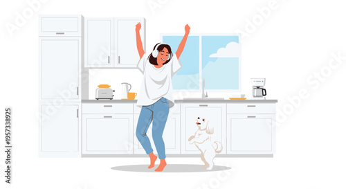 A woman with headphones dances in a modern kitchen with a white dog standing beside her and various appliances on the counter.