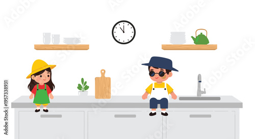 Two cartoon children sit on a kitchen counter with dishes on shelves, a clock, and a cutting board in the background.
