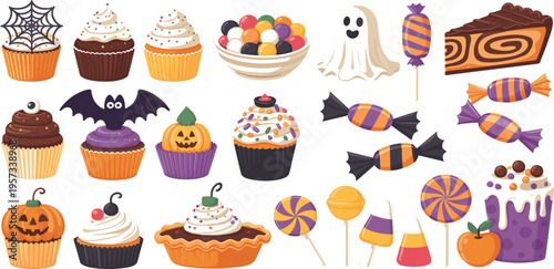 Collection of Halloween cupcakes and candies, spooky dessert treats with pumpkins and ghosts for party snacks