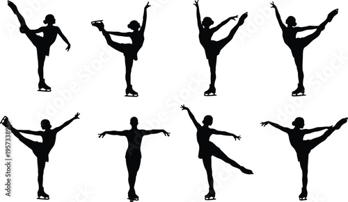 Figure skating silhouettes set showing elegant spins and balance poses, graceful ice dance performance collection isolated on white background concept