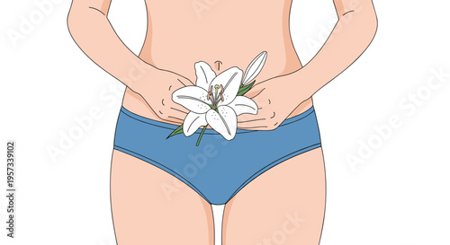 A woman's torso wearing blue underwear holds a white lily flower over her lower abdomen against a plain white background.