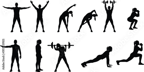 Fitness workout silhouettes set showing stretching, weightlifting, squats and push ups, dynamic training collection isolated on white background healthy lifestyle concept