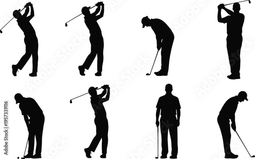 Golf player silhouettes set showing swing, putting and stance actions, dynamic sport movement collection isolated on white background training concept