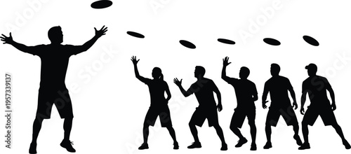 Frisbee player silhouettes set showing throwing and catching disc actions, dynamic outdoor sport movement collection isolated on white background concept
