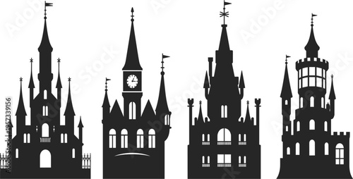 Set of black fantasy castle silhouettes, medieval fairytale kingdom buildings for magic story vector design