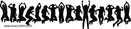 Group of people jumping silhouettes expressing joy celebration freedom and excitement isolated on white background energetic lifestyle vector illustration