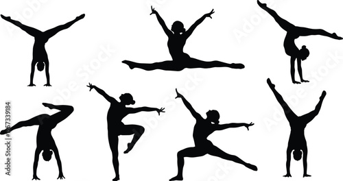 Gymnast silhouettes set showing splits, handstands and flexible poses, dynamic acrobatic movement collection isolated on white background fitness and sport concept