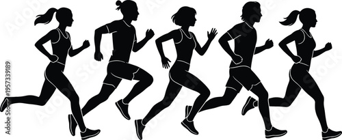 Group of male and female runners silhouettes in dynamic jogging and sprint motion isolated on white background for fitness and sports design use