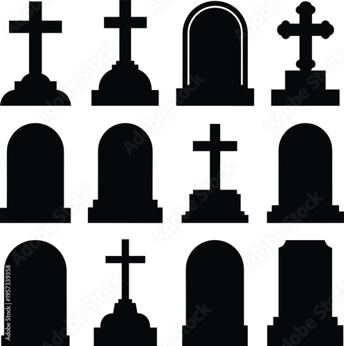 PrintGravestone silhouette pattern design, tombstone icon artwork, cemetery monument illustration, memorial symbol vector, gothic headstone graphic, Halloween decoration element background