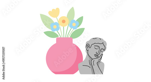 A pink vase with colorful flowers stands next to a grey bust of a woman's head on a plain white background.