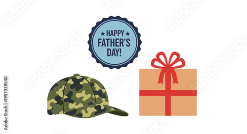 A camouflage baseball cap, a Happy Father's Day! badge, and a gift box are arranged on a white background.