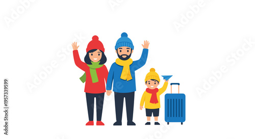 A family of three in winter clothes waves goodbye next to a blue suitcase and a paper airplane on a white background.