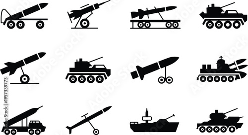 PrintMilitary vehicle silhouette pattern design, missile launcher icon illustration, defense equipment artwork vector, armored tank graphic, war machine symbol background