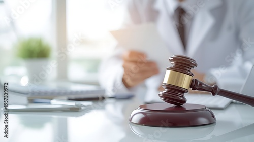 Professional lawyer holding gavel at desk with legal documents and indoor plants