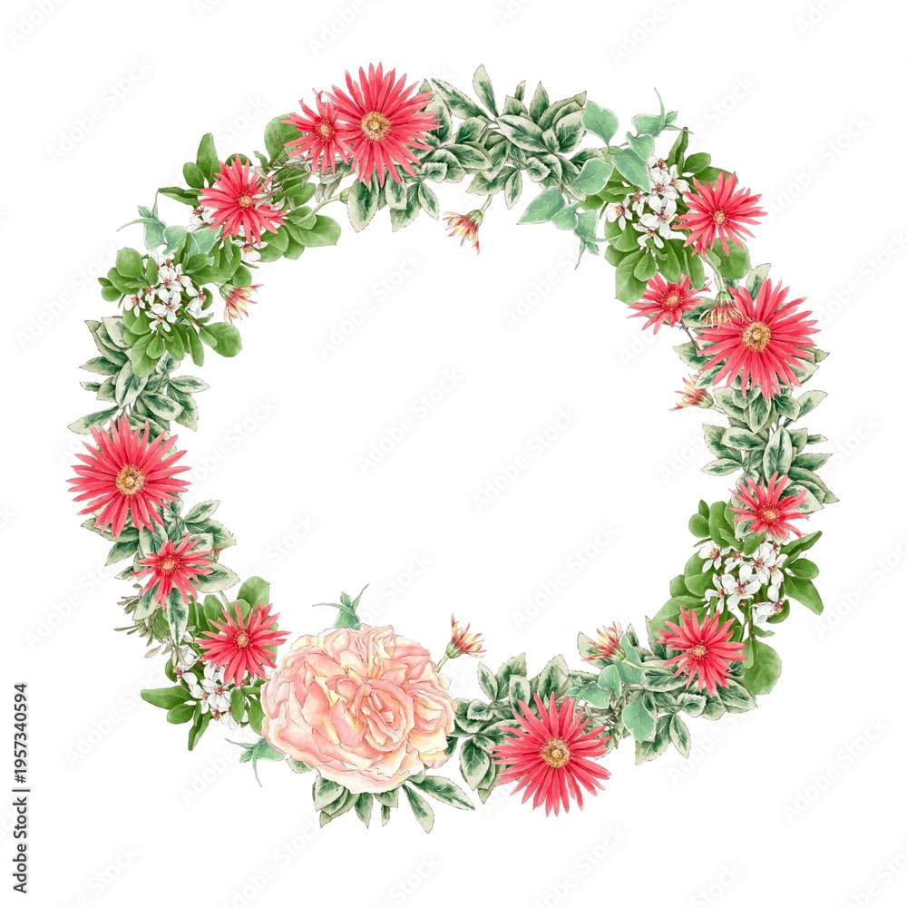 Fototapeta premium Watercolor illustration of a wreath of delicate roses and other flowers on a white background, hand-drawn.