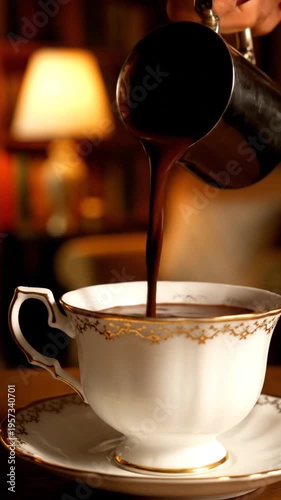 Pouring coffee into a cup on a saucer in a cozy library with a lamp