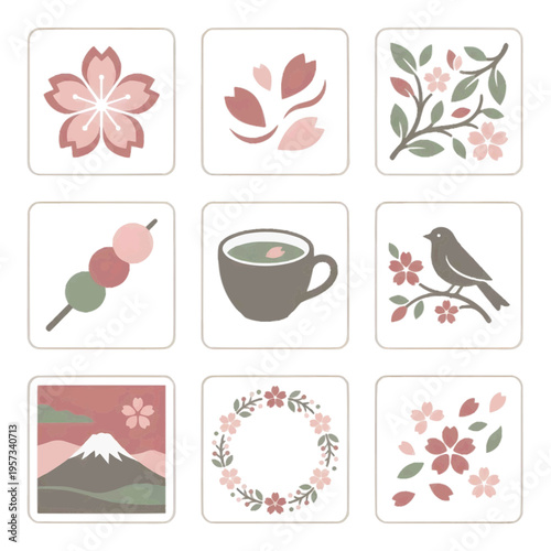 北欧風の洗練された桜アイコン9種セット 白背景に孤立したミニマルな桜と春の和モダンイラスト 慶事や春のデザインに最適な高品質素材