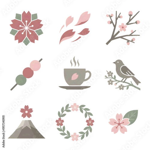 北欧風の洗練された桜アイコン9種セット 白背景に孤立したミニマルな桜と春の和モダンイラスト 慶事や春のデザインに最適な高品質素材