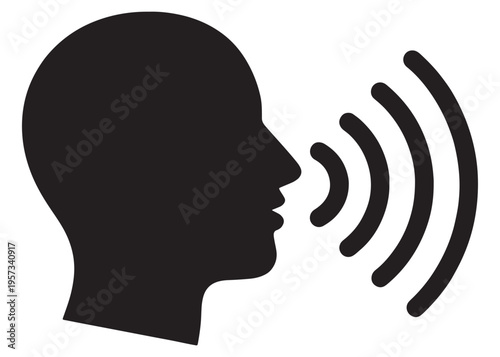 Black silhouette of a human head with sound waves coming out