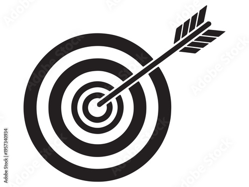 Bullseye target with arrow hitting the center perfectly straight on one shot