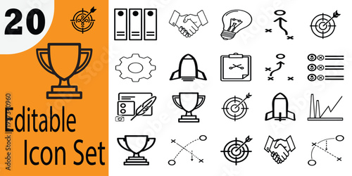 Editable icon set with business and achievement symbols and graphics  twenty pieces