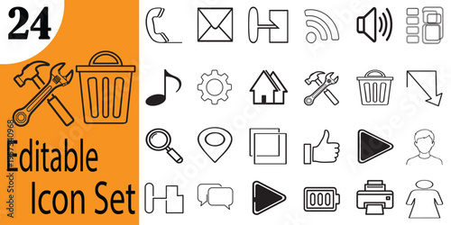 Editable icon set with twenty four modern line style web graphics  various symbols