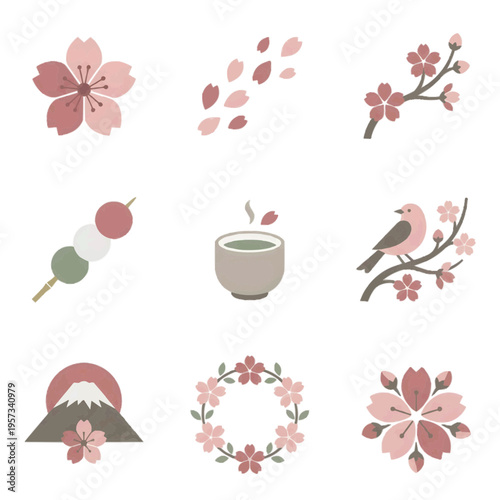 北欧風の洗練された桜アイコン9種セット 白背景に孤立したミニマルな桜と春の和モダンイラスト 慶事や春のデザインに最適な高品質素材