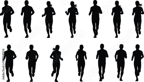 Running people silhouettes set showing men and women jogging in motion, dynamic fitness and cardio exercise collection isolated on white background