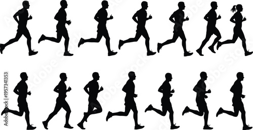 Running silhouettes set showing men and women jogging in continuous motion, dynamic fitness activity sequence isolated on white background concept