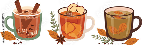 Cozy autumn drinks vector set featuring chai tea apple cider and herbal brew with cinnamon sticks star anise and fall leaves