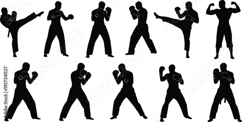 Set of boxing and martial arts silhouettes showing fighting stances punches and kicks isolated on white background for combat sports design use