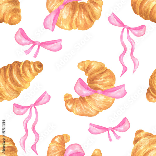 Seamless pattern of croissants with pink bows