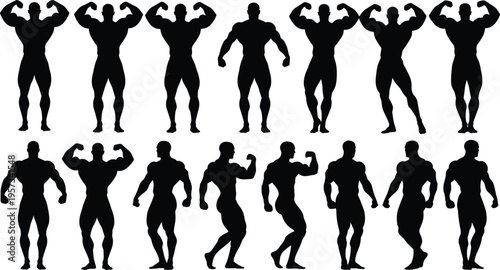 Set of bodybuilding male silhouettes showing muscular poses and flexing positions isolated on white background for fitness and strength design use