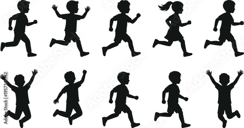 Set of children running and jumping silhouettes, active kids movement icons, playful boys and girls vector isolated on white background
