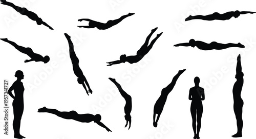 Set of diving human silhouettes showing different jump and underwater positions isolated on white background for sports and motion design use