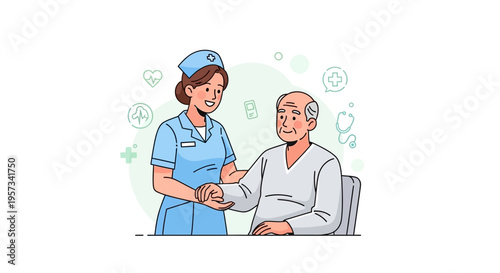 A nurse in blue uniform and cap holds an elderly man's hand with a stethoscope nearby, surrounded by health icons on a light green background, symbolizing global health awareness on World