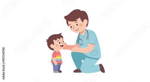 A doctor in blue scrubs smiling and examining a young boy with a stethoscope on a white background with a global health awareness theme
