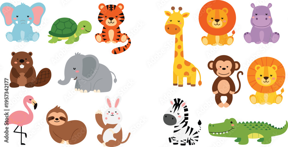 Obraz premium Cute cartoon wild animals collection set with lion tiger elephant giraffe zebra monkey crocodile sloth flamingo turtle and rabbit for kids design.