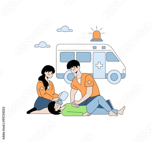 Paramedics Performing CPR and Ventilation Vector Illustration