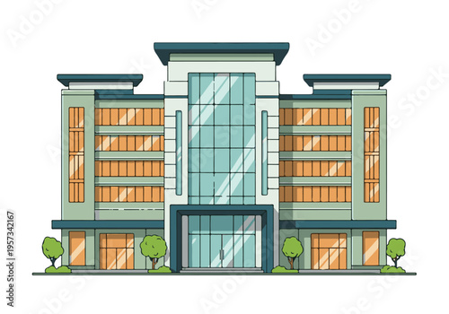 Sleek modern office building with green facade and large glass entrance