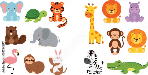 Cute cartoon wild animals collection set with lion tiger elephant giraffe zebra monkey crocodile sloth flamingo turtle and rabbit for kids design.