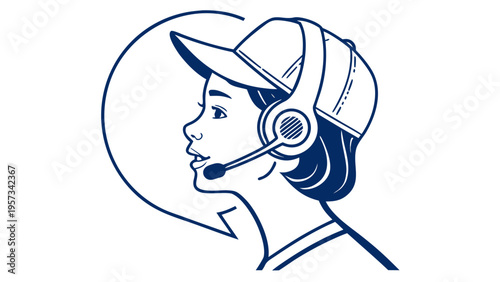 Customer service representative wearing a headset and cap.
