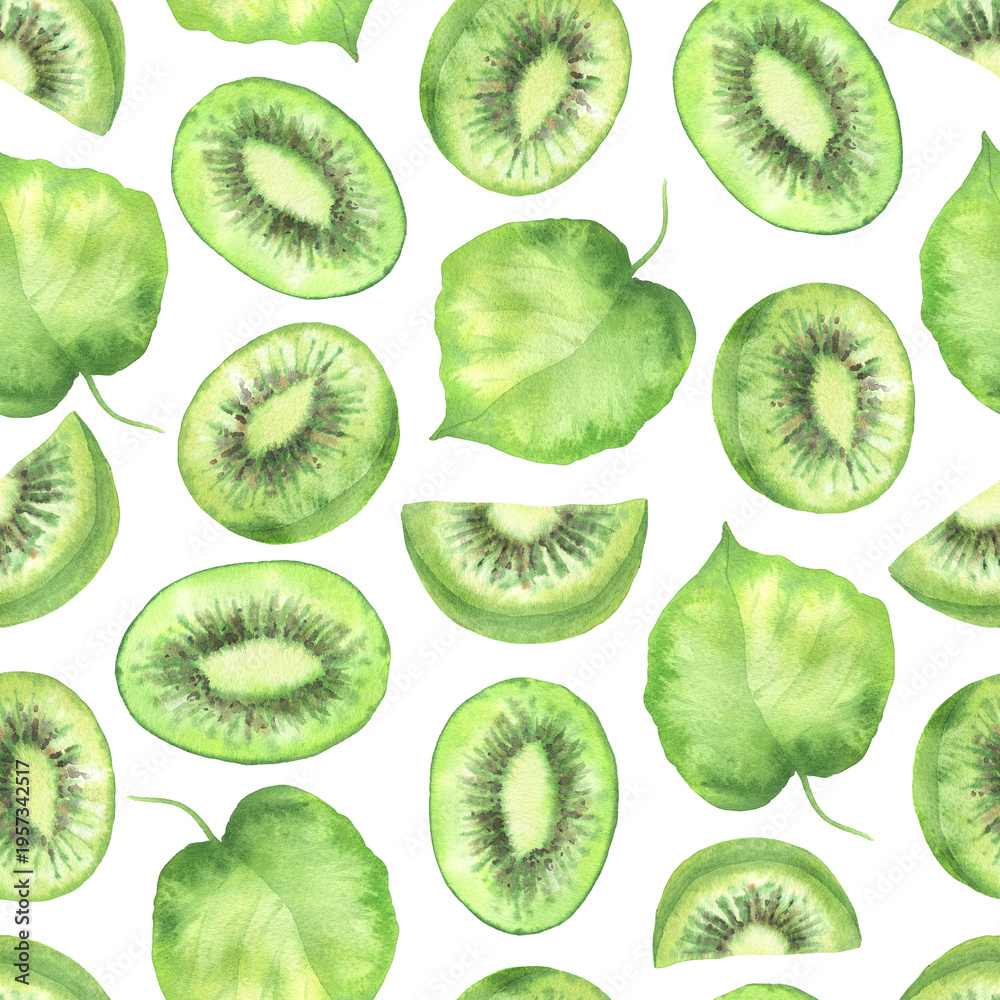 Fototapeta premium Seamless pattern of kiwi slices and leaves white