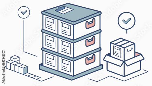 Stacked boxes and shipping containers with checkmarks indicating completion.