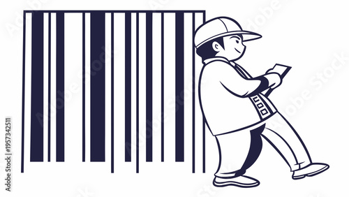 Boy holding barcode scanner next to large barcode illustration.