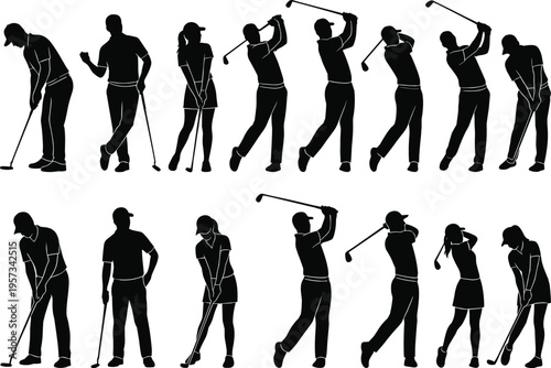 Set of male and female golf player silhouettes showing swing sequence and poses isolated on white background for sports training design use