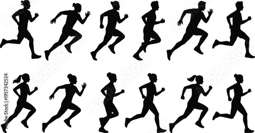 Set of male and female runner silhouettes in dynamic sprint and jogging poses isolated on white background for fitness and sports design use
