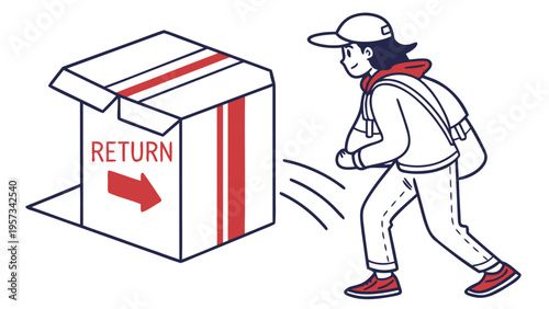 Person returning a package with a return label and arrow.