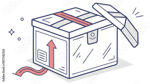 Open Cardboard Box with Red Ribbon and Arrow Illustration.