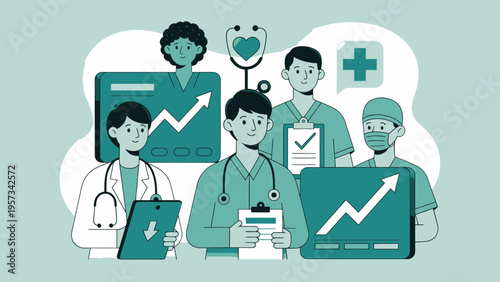 Medical professionals analyzing data on devices with graphs and charts